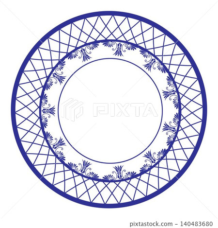 Round blue lace frame with floral pattern. Vector decorative round frame. Ceramic plate features traditional blue decoration. Decorative element for laser cutting, round surfaces, textile, embroidery 140483680