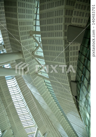 Abstract ceiling in office building, interior design. Details of modern architecture. Building abstract. Building background. Abstract ceiling in office building, interior design. Details of modern architecture. Building abstract. Building background. 140483701