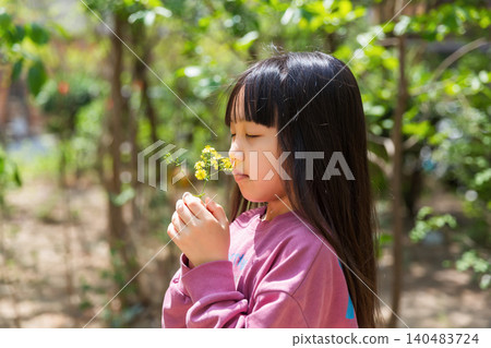 Asian little girl smelling flowers in nature, sensory experience and peaceful childhood concept Asian little girl smelling flowers in nature, sensory experience and peaceful childhood concept 140483724