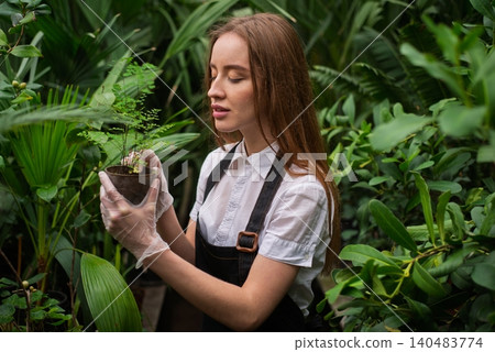 Elegant female florist work with houseplant in pot Elegant female florist work with houseplant in pot 140483774
