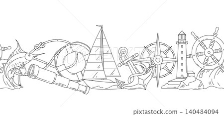 Nautical line symbols seamless border. Travel and tourism background. Retro style conceptual illustration. Nautical line symbols seamless border. Travel and tourism background. Retro style conceptual illustration. 140484094
