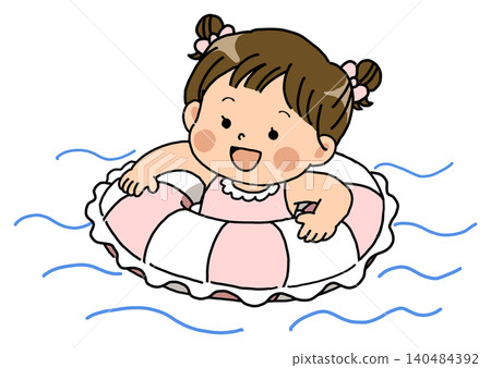 一個笑容燦爛的小女孩在水中玩著粉紅色的充氣泳圈。 140484392