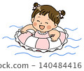 A smiling girl playing in the water with a pink inflatable ring. 140484416