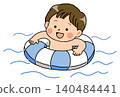 An illustration of a boy playing in the water with a swimming ring. 140484441
