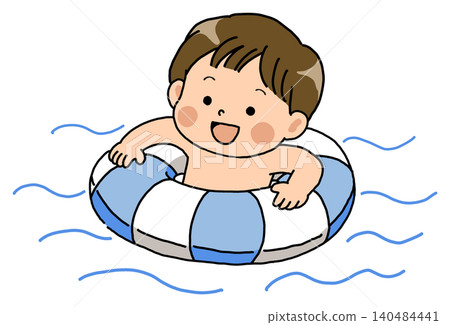 An illustration of a boy playing in the water with a swimming ring. An illustration of a boy playing in the water with a swimming ring. 140484441