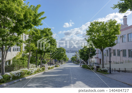 從函館元町八幡坂眺望函館港-北海道最具代表性的風景名勝之一。 從函館元町八幡坂眺望函館港-北海道最具代表性的風景名勝之一。 140484727