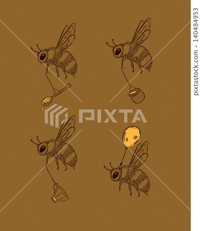 A bee carries honey spoon pot teacup balloon brown 140484953