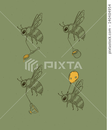 A bee carries honey spoon pot teacup balloon green A bee carries honey spoon pot teacup balloon green 140484954