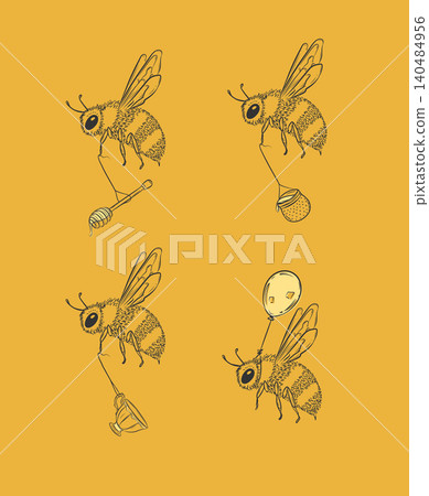 A bee carries honey spoon pot teacup balloon yellow 140484956