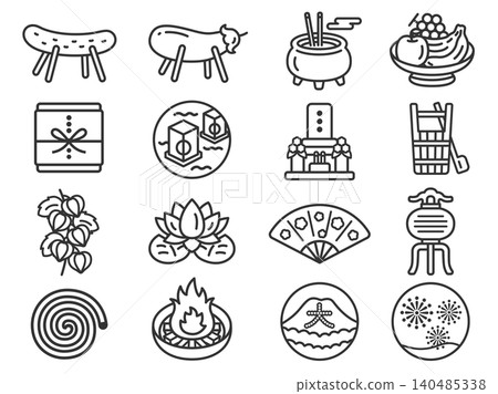 A set of various Obon-related icon (line art) illustrations. A set of various Obon-related icon (line art) illustrations. 140485338