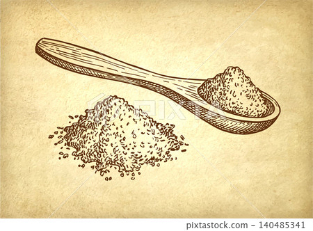 Wooden spoon with flour and flour pile ink sketch Wooden spoon with flour and flour pile ink sketch 140485341
