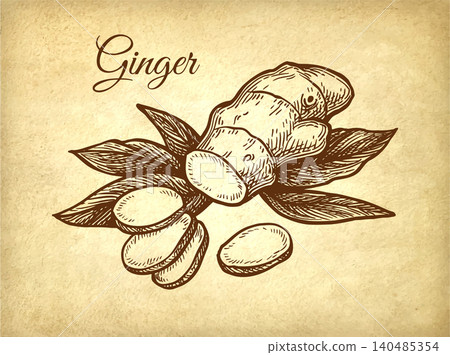 Fresh ginger root with leaves ink sketch. 140485354