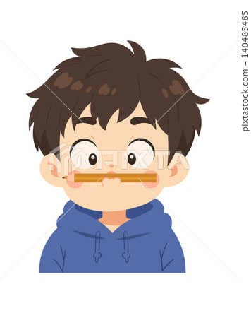 Cute little boy cartoon character balancing a pencil between his upper lip and nose, with wide eyes, messy dark hair, and a playful expression. Kawaii flat vector illustration isolated on a white back 140485485