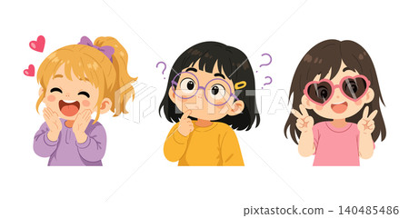 Three cute little girl cartoon characters showing happiness, curiosity, and confidence. Kawaii flat vector illustration set isolated on a white background. 140485486