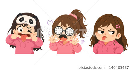Three cute little girl cartoon characters showing playful and funny emotions, including a silly face, pretend hypnosis game, and cheeky expression. Kawaii flat vector illustration set isolated on a wh 140485487