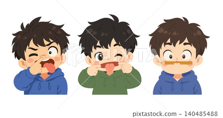 Three cute little boy cartoon characters making funny and playful faces, including nose picking, tongue sticking out, and pencil balancing. Kawaii flat vector illustration set isolated on a white back Three cute little boy cartoon characters making funny and playful faces, including nose picking, tongue sticking out, and pencil balancing. Kawaii flat vector illustration set isolated on a white back 140485488