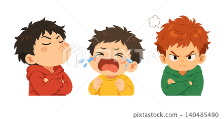 Three cute little boy cartoon characters showing different emotions, including confidence, sadness, and anger. Kawaii flat vector illustration set isolated on a white background. Three cute little boy cartoon characters showing different emotions, including confidence, sadness, and anger. Kawaii flat vector illustration set isolated on a white background. 140485490