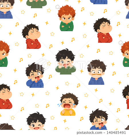 Seamless pattern with cute little boy cartoon characters showing different emotions and funny expressions, decorated with stars and music notes. Kawaii flat vector illustration background. Seamless pattern with cute little boy cartoon characters showing different emotions and funny expressions, decorated with stars and music notes. Kawaii flat vector illustration background. 140485491