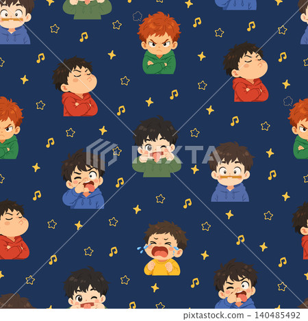 Seamless pattern with cute little boy cartoon characters showing different emotions and funny expressions, decorated with stars and music notes. Kawaii flat vector illustration background. Seamless pattern with cute little boy cartoon characters showing different emotions and funny expressions, decorated with stars and music notes. Kawaii flat vector illustration background. 140485492