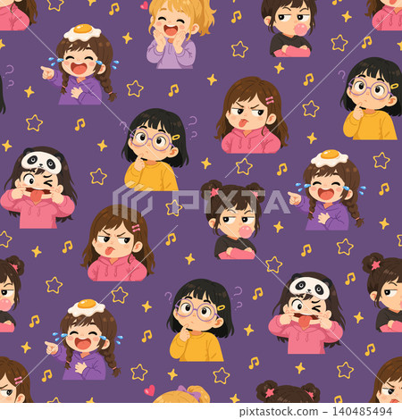 Seamless pattern with cute little girl cartoon characters showing different emotions and playful expressions, decorated with stars and music notes. Kawaii flat vector illustration background. Seamless pattern with cute little girl cartoon characters showing different emotions and playful expressions, decorated with stars and music notes. Kawaii flat vector illustration background. 140485494