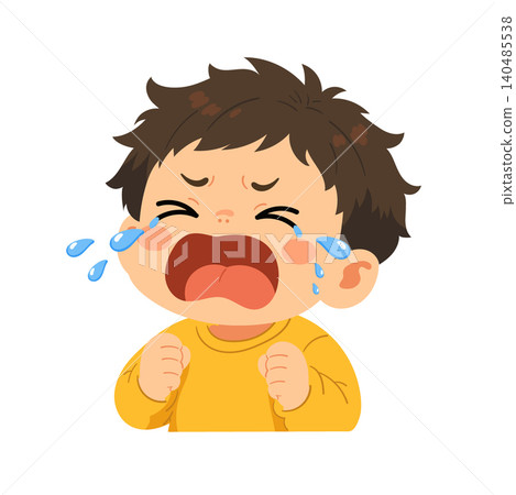 Crying little boy cartoon character with tears streaming down his cheeks, clenched fists, messy brown hair, flushed cheeks, and sad expression. Flat vector illustration isolated on a white background. Crying little boy cartoon character with tears streaming down his cheeks, clenched fists, messy brown hair, flushed cheeks, and sad expression. Flat vector illustration isolated on a white background. 140485538