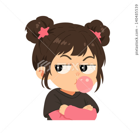 Cute little girl cartoon character blowing a pink bubble gum bubble, with crossed arms, playful expression, brown hair buns, and kawaii style. Flat vector illustration isolated on a white background. Cute little girl cartoon character blowing a pink bubble gum bubble, with crossed arms, playful expression, brown hair buns, and kawaii style. Flat vector illustration isolated on a white background. 140485539