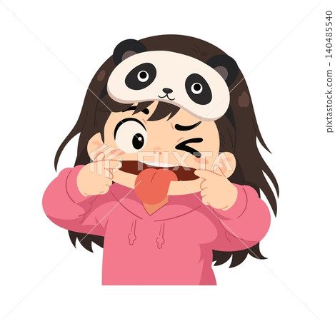 Funny little girl cartoon character making a silly face with tongue out, winking eye, panda sleep mask on head, and pink hoodie. Kawaii flat vector illustration isolated on a white background. Funny little girl cartoon character making a silly face with tongue out, winking eye, panda sleep mask on head, and pink hoodie. Kawaii flat vector illustration isolated on a white background. 140485540