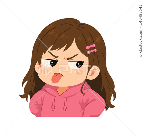 Silly little girl cartoon character sticking out her tongue with a cheeky expression, pink hoodie, brown hair, and playful attitude. Kawaii flat vector illustration isolated on a white background. Silly little girl cartoon character sticking out her tongue with a cheeky expression, pink hoodie, brown hair, and playful attitude. Kawaii flat vector illustration isolated on a white background. 140485543