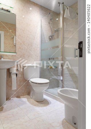 Modern bathroom with sleek tiles and glass shower enclosure. White toilet with bidet stand beside sink and mirror Modern bathroom with sleek tiles and glass shower enclosure. White toilet with bidet stand beside sink and mirror 140485622