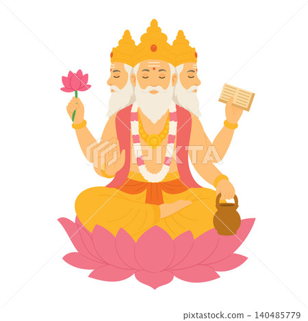 Minimalist flat vector of Lord Brahma seated on a lotus flower, featuring three faces, a golden crown, sacred book, lotus and water vessel in traditional Hindu iconography. Minimalist flat vector of Lord Brahma seated on a lotus flower, featuring three faces, a golden crown, sacred book, lotus and water vessel in traditional Hindu iconography. 140485779