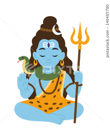 Lord Shiva seated in meditation with trident and serpent, blue skin, crescent moon and tiger skin attire in a minimalist flat vector style. Lord Shiva seated in meditation with trident and serpent, blue skin, crescent moon and tiger skin attire in a minimalist flat vector style. 140485780