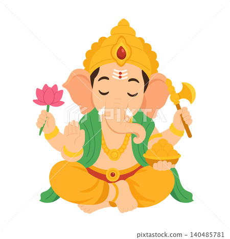 Lord Ganesha seated in a peaceful pose, holding a lotus flower, axe and sweets, wearing a golden crown and traditional attire in flat vector style. Lord Ganesha seated in a peaceful pose, holding a lotus flower, axe and sweets, wearing a golden crown and traditional attire in flat vector style. 140485781