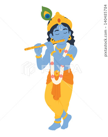Lord Krishna playing a flute, adorned with a peacock feather crown and flower garland, depicted in a minimalist flat vector style with vibrant colors. Lord Krishna playing a flute, adorned with a peacock feather crown and flower garland, depicted in a minimalist flat vector style with vibrant colors. 140485784