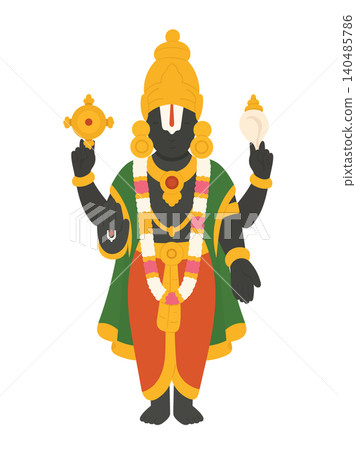 Lord Venkateswara Balaji standing with sacred chakra and conch, adorned with a golden crown, garland and traditional attire in flat vector style. 140485786