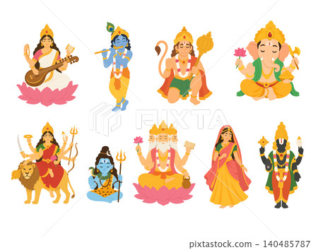 Collection of Hindu deities including Saraswati, Krishna, Hanuman, Ganesha, Durga, Shiva, Brahma, Radha and Balaji in flat vector style illustrations. 140485787