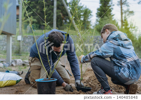 Caucasian man and his son plant a dogwood shrub on their countryside property Caucasian man and his son plant a dogwood shrub on their countryside property 140485848