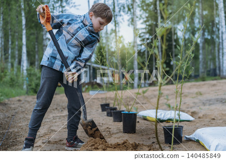 caucasian boy plants a dogwood shrub on their countryside property caucasian boy plants a dogwood shrub on their countryside property 140485849
