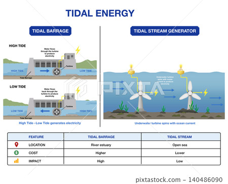 Tidal energy infographic comparing barrage and stream generator systems. Educational diagram shows underwater turbine electricity production using ocean current, high or low tide, and river estuary Tidal energy infographic comparing barrage and stream generator systems. Educational diagram shows underwater turbine electricity production using ocean current, high or low tide, and river estuary 140486090