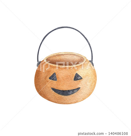 Jack-o'-lantern candy bucket with a black handle watercolor illustration isolated on white background. Hand drawn cute basket in bright colors. Ideal for Halloween posters and greeting cards Jack-o'-lantern candy bucket with a black handle watercolor illustration isolated on white background. Hand drawn cute basket in bright colors. Ideal for Halloween posters and greeting cards 140486108