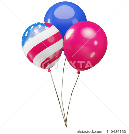 A 3D bunch of red, blue, and patriotic US flag balloons on strings. 140486160
