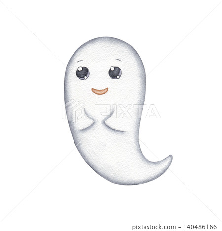 Smiling ghost watercolor illustration isolated on white background. Hand drawn cute minimalist character. Perfect for Halloween posters and kids party invitations Smiling ghost watercolor illustration isolated on white background. Hand drawn cute minimalist character. Perfect for Halloween posters and kids party invitations 140486166