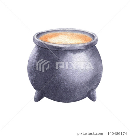 Dark cauldron filled with glowing orange liquid watercolor illustration isolated on white background. Hand drawn realistic pot with deep color and visible texture. Perfect for Halloween designs and ma Dark cauldron filled with glowing orange liquid watercolor illustration isolated on white background. Hand drawn realistic pot with deep color and visible texture. Perfect for Halloween designs and ma 140486174