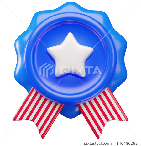 Award rounded badge with American flag 3D cartoon plastic style vector icon, volume USA national patriotic symbol Award rounded badge with American flag 3D cartoon plastic style vector icon, volume USA national patriotic symbol 140486262