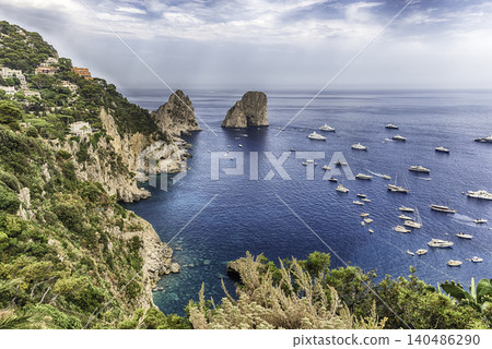 View over Marina Piccola and Faraglioni, iconic landmarks, Capri, Italy 140486290