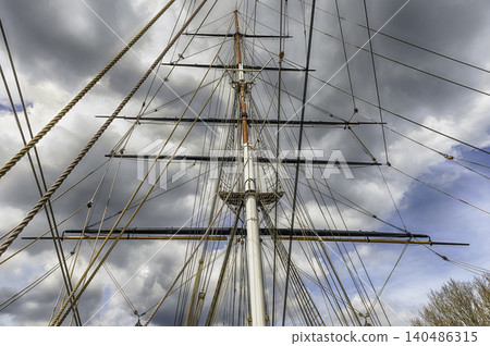 Detail of the cordage of a sailing ship, London, Uk 140486315