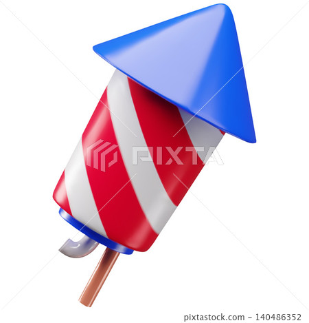 A 3D festive firework rocket with a red and white stripes and a blue cone. A 3D festive firework rocket with a red and white stripes and a blue cone. 140486352