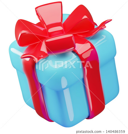 A bright, glossy 3D illustration of a flying, unopened blue gift with a red ribbon and bow. A bright, glossy 3D illustration of a flying, unopened blue gift with a red ribbon and bow. 140486359