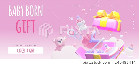A horizontal pink 3D website banner featuring a baby stroller, toys, and a bottle in a gift box. A horizontal pink 3D website banner featuring a baby stroller, toys, and a bottle in a gift box. 140486414