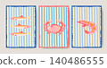 Set of three marine illustrations: sardines, crab, and prawn on striped panels 140486555