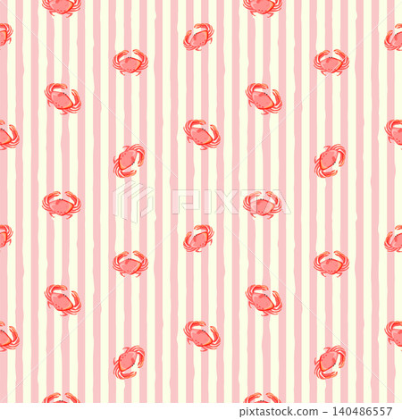 Handdrawn Pink Crabs on Vertical Striped Background Handdrawn Pink Crabs on Vertical Striped Background 140486557